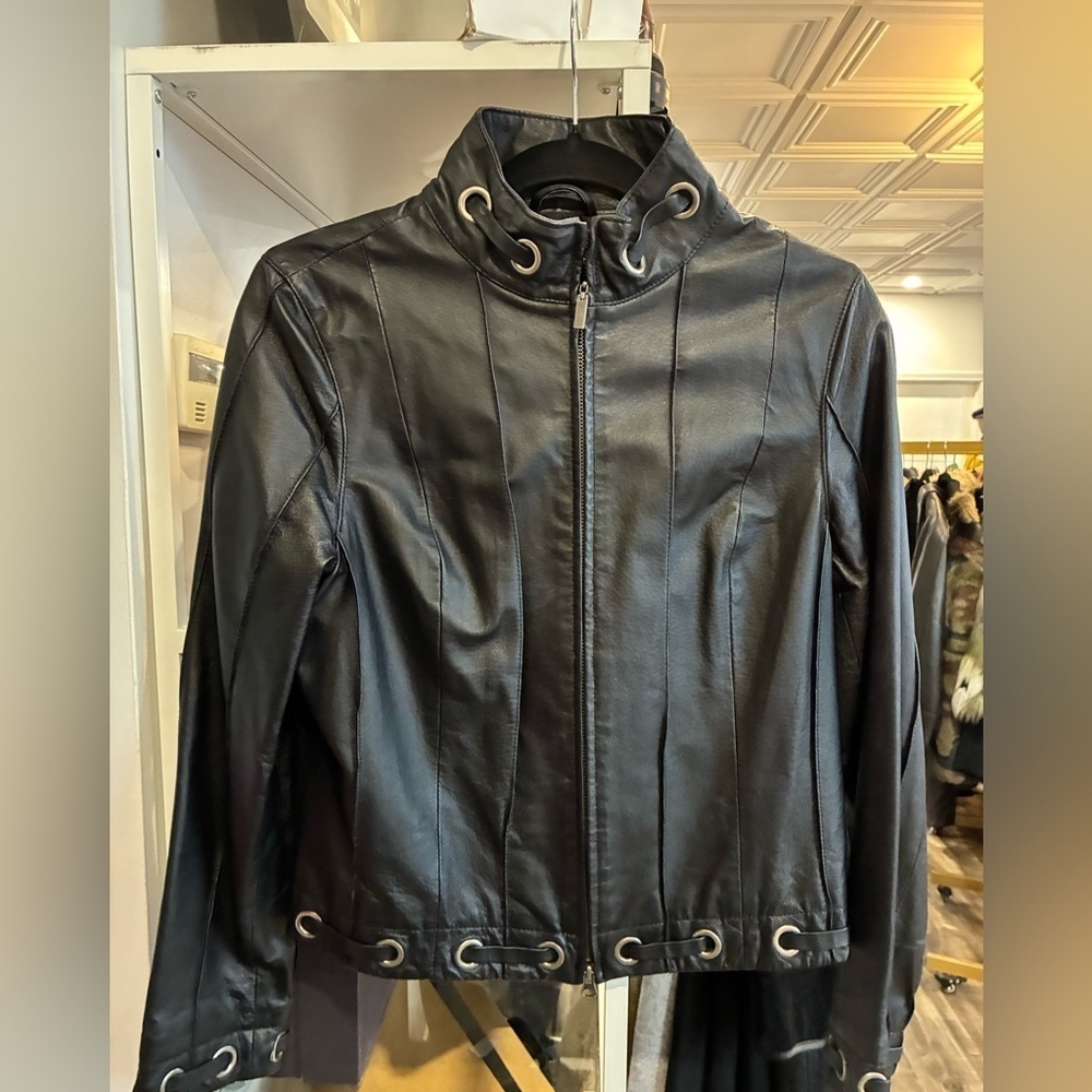 Spanner black leather Jacket with metal ring design size small